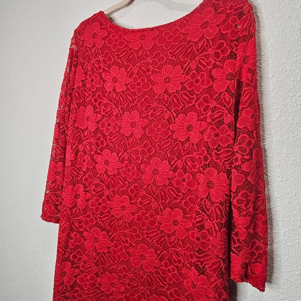 Seranoma Red Lace Dress‎ Size XL Floral Made in USA Elegant Party Holiday Midi
